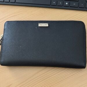 kate spade Black Saffiano Zip Wallet with Gold Logo